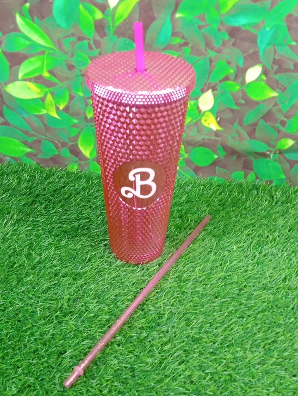 💩 'B' Pink Studded Tumbler with Straw
